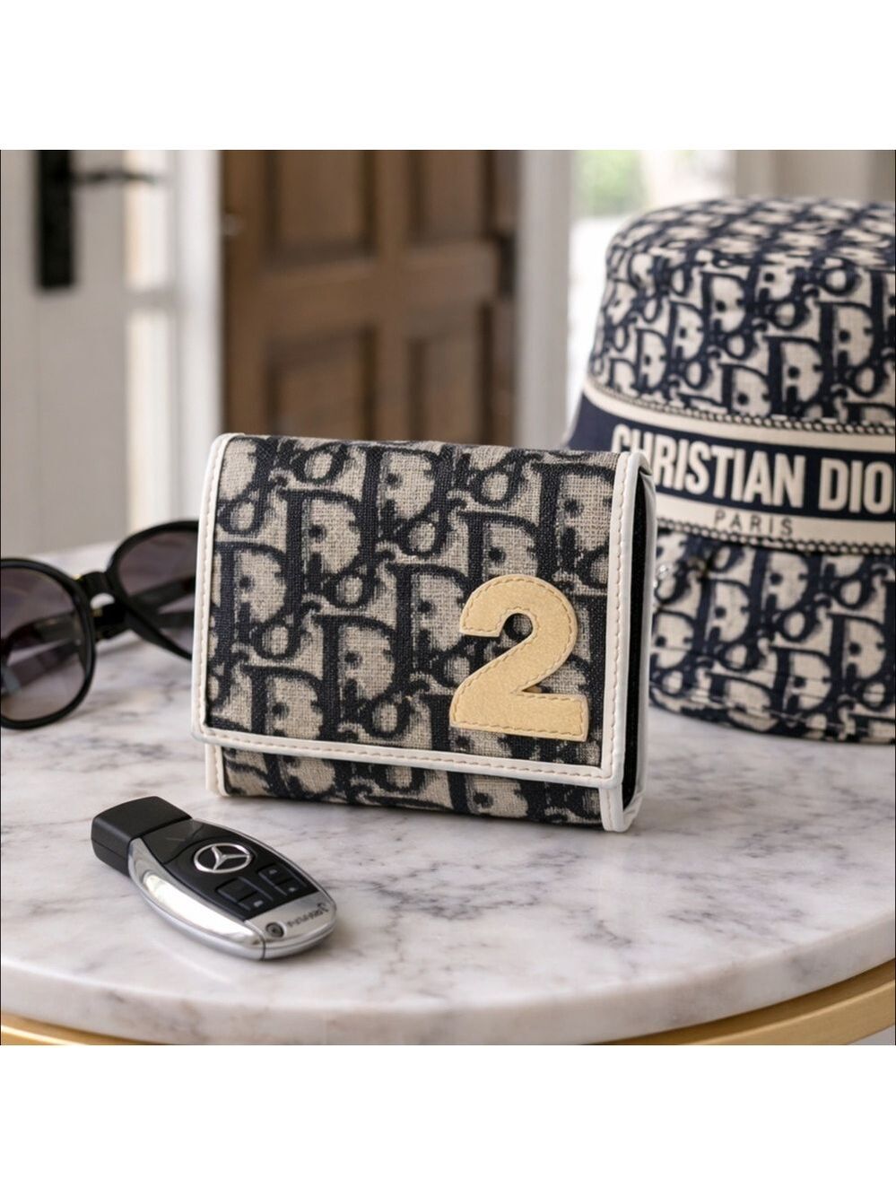 AUTHENTIC CHRISTIAN DIOR TROTTER #2 SNAP BIFOLD WALLET NAVY CREAM WITH BOX SPAIN